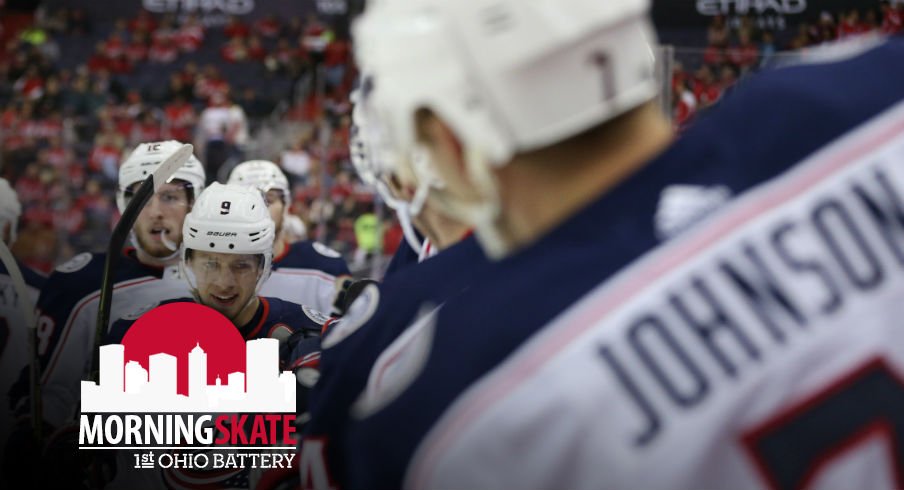 Artemi Panarin celebrates on the bench with his teammates after a goal against the Capitals