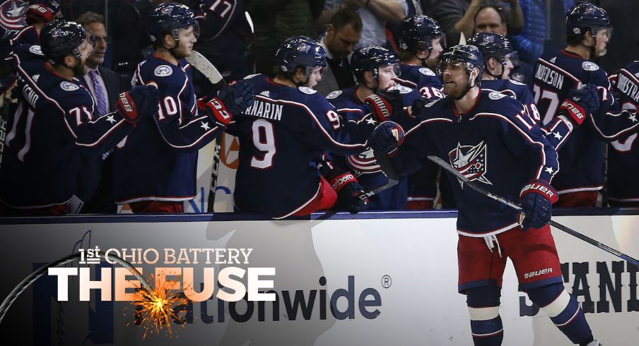 Brandon Dubinsky celebrates a late goal against the Washington Capitals.