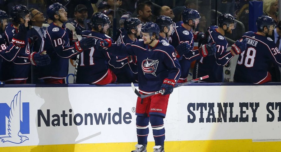 Artemi Panarin celebrates his first-period goal against the Vegas Golden Knights.