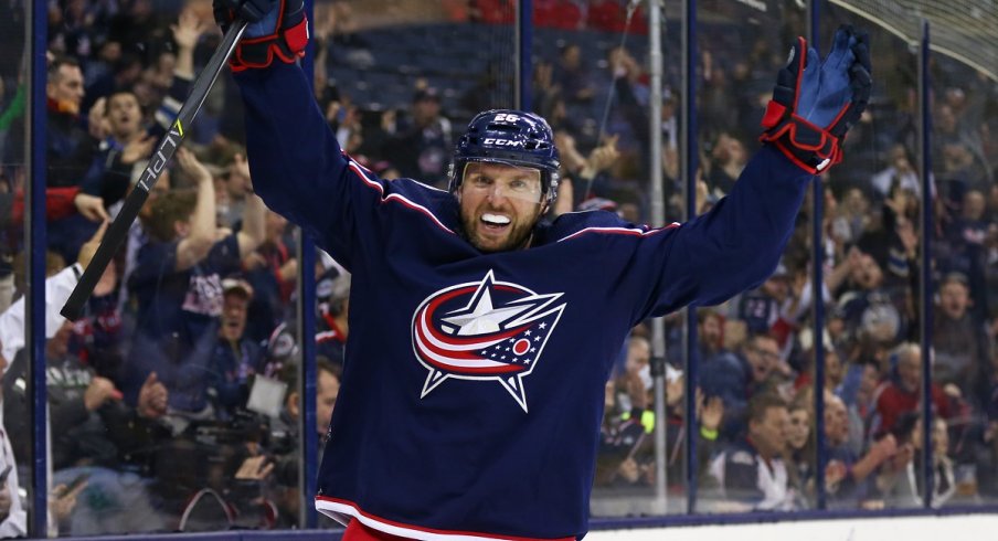 Blue Jackets forward Thomas Vanek celebrates a goal against the Colorado Avalanche