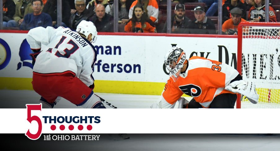 Cam Atkinson tries to put the puck past the Flyers' Petr Mrazek