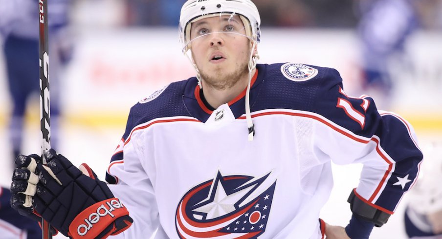 Blue Jackets forward Cam Atkinson rests between whistles during a game against the Toronto Maple Leafs.