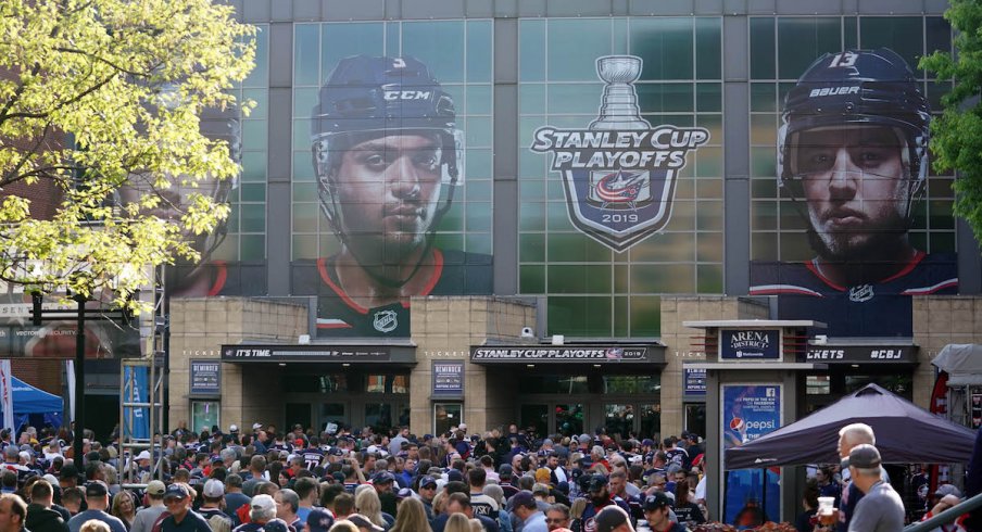 ans wait to enter Nationwide Arena prior to game four between the Boston Bruins and the Columbus Blue Jackets in the second round of the 2019 Stanley Cup Playoffs