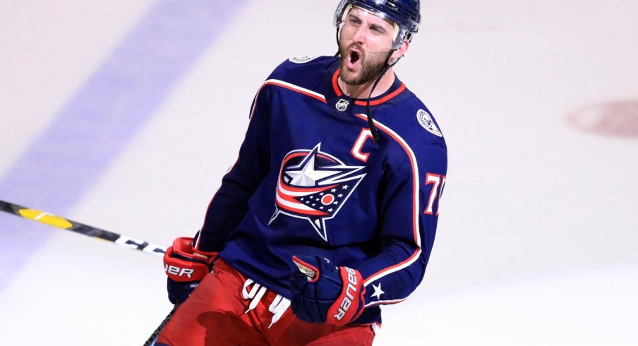 Columbus Blue Jackets left wing Nick Foligno (71) celebrates defeating the Tampa Bay Lightning in game four of the first round of the 2019 Stanley Cup Playoffs at Nationwide Arena. 