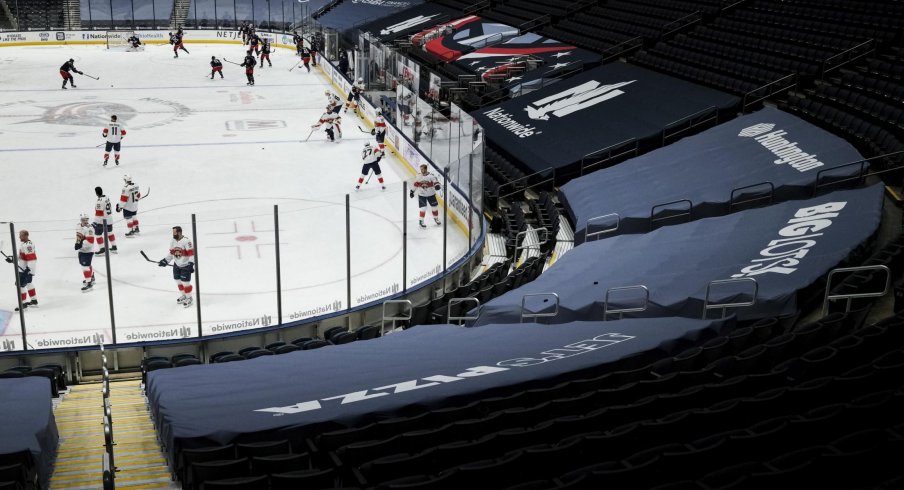 Jan 28, 2021; Columbus, Ohio, USA; The Florida Panthers and the Columbus Blue Jackets skate during warmups prior to the game at Nationwide Arena.