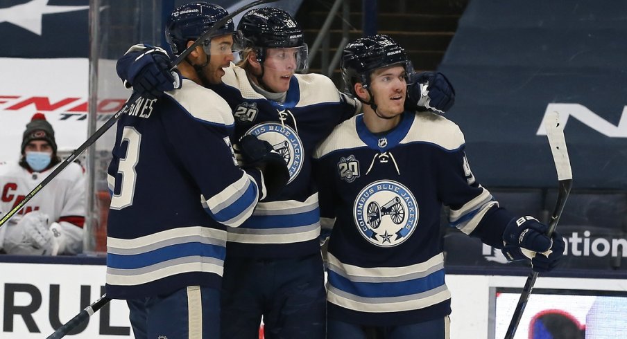 Columbus Blue Jackets forward Patrik Laine celebrates a goal against the Carolina Hurricanes during the first period at Nationwide Arena.