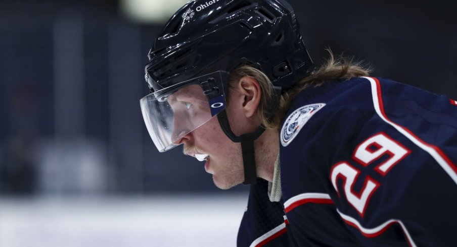 Columbus Blue Jackets right wing Patrik Laine (29) waits for the face-off against the Dallas Stars in the first period at Nationwide Arena.