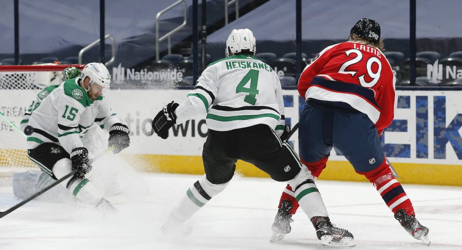 Dallas Stars left wing Blake Comeau (15) blocks the shot attempt of Columbus Blue Jackets right wing Patrik Laine (29) during the third period at Nationwide Arena.