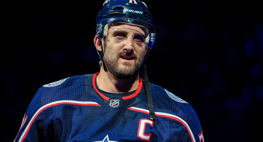 Columbus Blue Jackets captain Nick Foligno before a game at Nationwide Arena against the Tampa Bay Lightning.