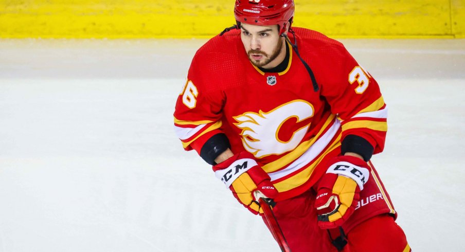 Mar 7, 2021; Calgary, Alberta, CAN; Calgary Flames left wing Zac Rinaldo (36) skates during the warmup period against the Ottawa Senators at Scotiabank Saddledome.