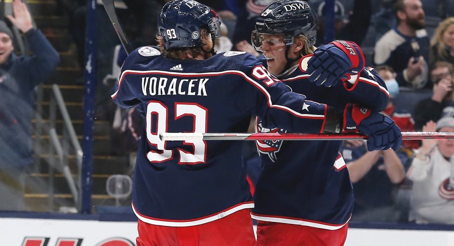 Jan 31, 2022; Columbus, Ohio, USA; Columbus Blue Jackets right wing Patrik Laine (29) celebrates a goal against the Florida Panthers during the second period at Nationwide Arena.