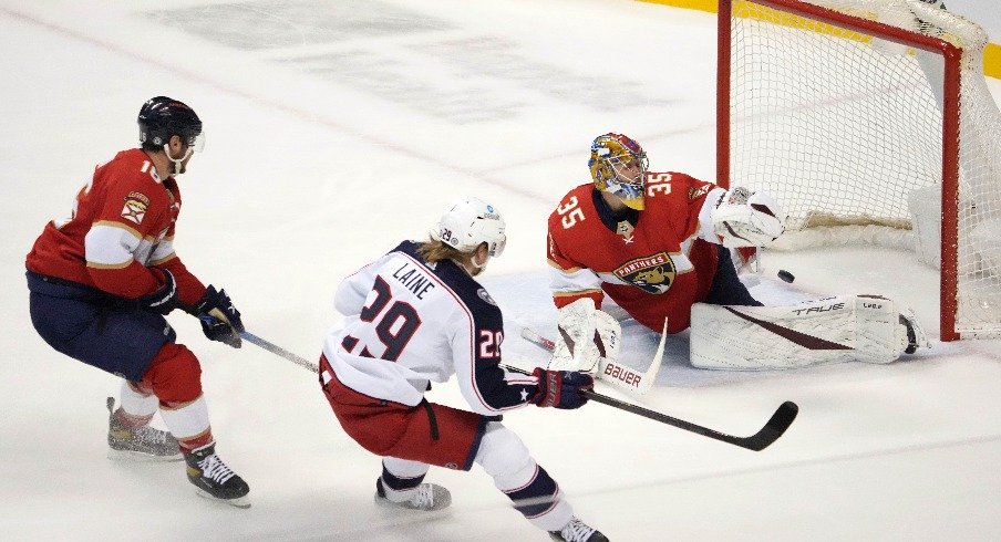 Columbus Blue Jackets left wing Patrik Laine scores a goal on Florida Panthers goaltender Jonas Johansson during the first period at FLA Live Arena.