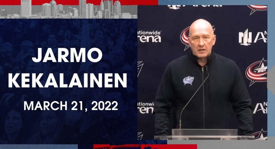 Jarmo Kekalainen talks to the media after the NHL Trade Deadline