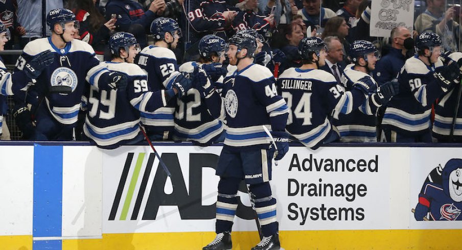 Columbus Blue Jackets' Vladislav Gavrikov celebrates a first period goal against the New York Islanders at Nationwide Arena.