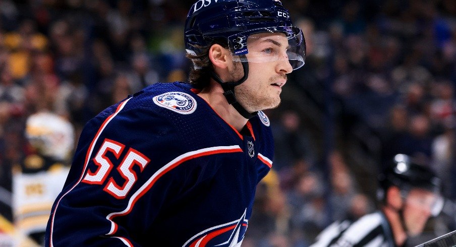 Columbus Blue Jackets right wing Carson Meyer skates against the Boston Bruins in the first period at Nationwide Arena.