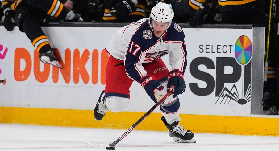 Justin Danforth skates with the puck against the Boston Bruins at TD Garden.