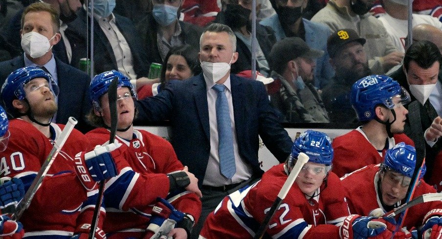 Apr 11, 2022; Montreal, Quebec, CAN; Montreal Canadiens head coach Martin St-Louis looks on during the first period against the Winnipeg Jets at the Bell Centre.