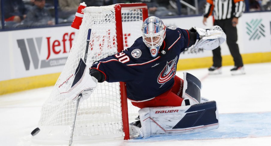 Columbus Blue Jackets' Elvis Merzlikins makes the save during the first period against the Pittsburgh Penguins at Nationwide Arena.