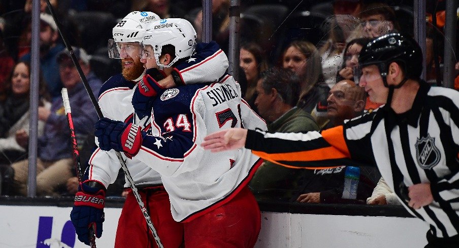 Columbus Blue Jackets center Cole Sillinger celebrates with right wing Jakub Voracek his goal scored against the Anaheim Ducks during the third period at Honda Center.