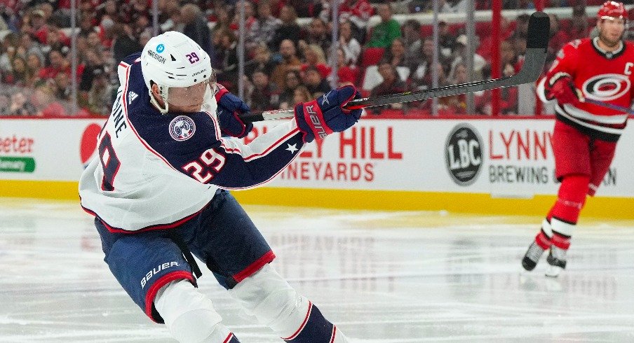 Columbus Blue Jackets left wing Patrik Laine scores a goal on his shot against the Carolina Hurricanes during the first period at PNC Arena.