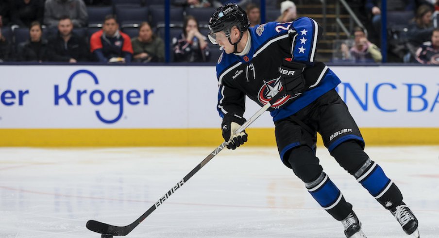 Columbus Blue Jackets' Patrik Laine skates with the puck against the Calgary Flames in the second period at Nationwide Arena.