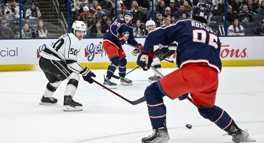 Jack Roslovic scores a shorthanded goal against the Los Angeles Kings