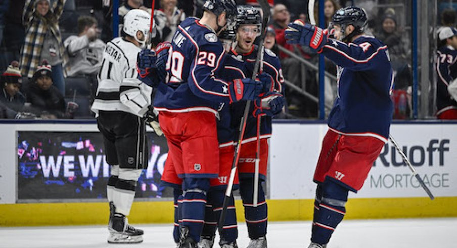 From left to right: Patrik Laine, Johnny Gaudreau, Jack Roslovic, and Vladislav Gavrikov