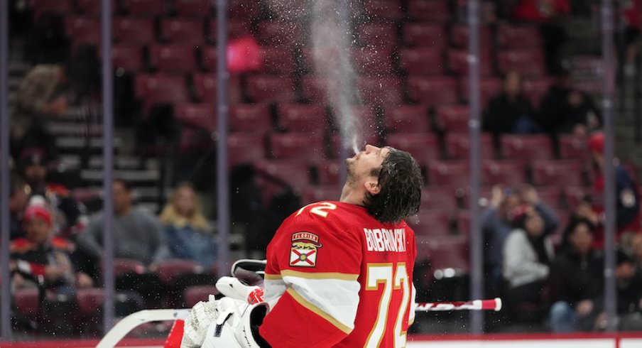 Florida Panthers' Sergei Bobrovsky sprays water from his mouth prior to the game against the Columbus Blue Jackets at FLA Live Arena.