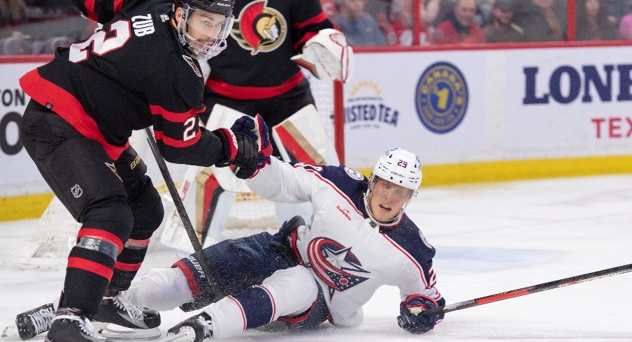 Columbus Blue Jackets left wing Patrik LaIne falls in the second period against the Ottawa Senators at the Canadian Tire Centre.