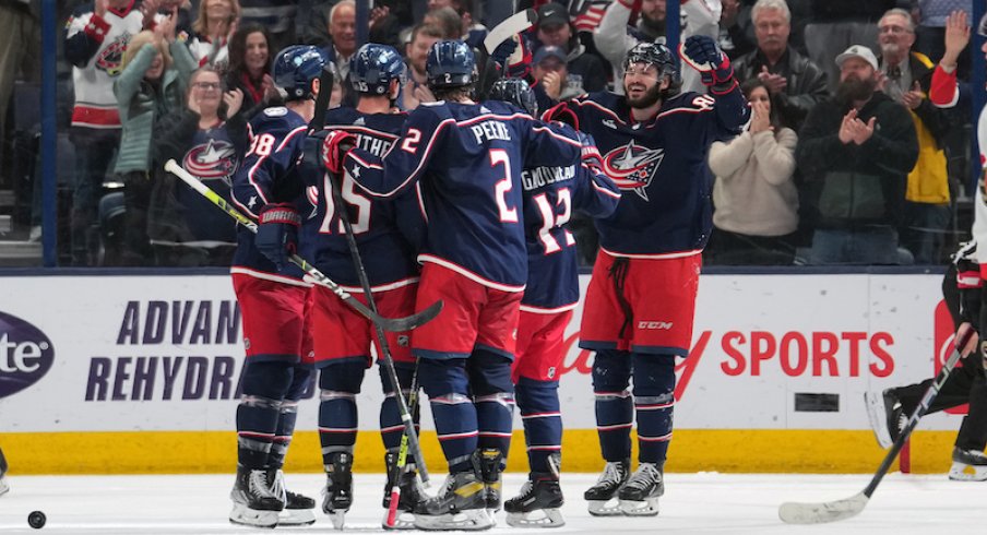 Columbus Blue Jackets players celebrate a goal in the third period against the Ottawa Senators at Nationwide Arena.