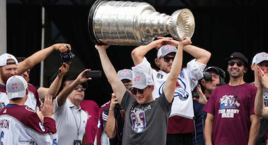 Colorado Avalanche defenseman Cale Makar (8) during the Stanley Cup Championship Celebration. Mandatory Credit: Ron Chenoy-USA TODAY Sports