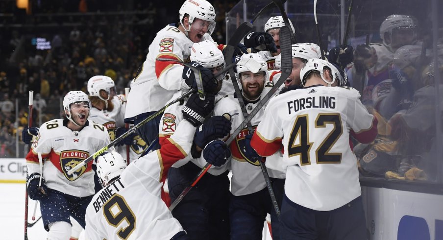 The Florida Panthers celebrate their overtime win over the Boston Bruins in game seven of the first round of the 2023 Stanley Cup Playoffs