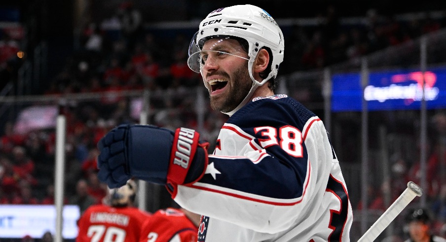 Columbus Blue Jackets center Boone Jenner (38) reacts after scoring a goal against the Washington Capitals during the third period at Capital One Arena.