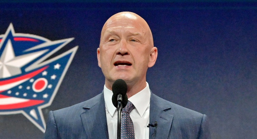 Columbus Blue Jackets general manager Jarmo Kekalainen announces David Jiricek (not pictured) as the number six overall pick to the Columbus Blue Jackets in the first round of the 2022 NHL Draft at Bell Centre.