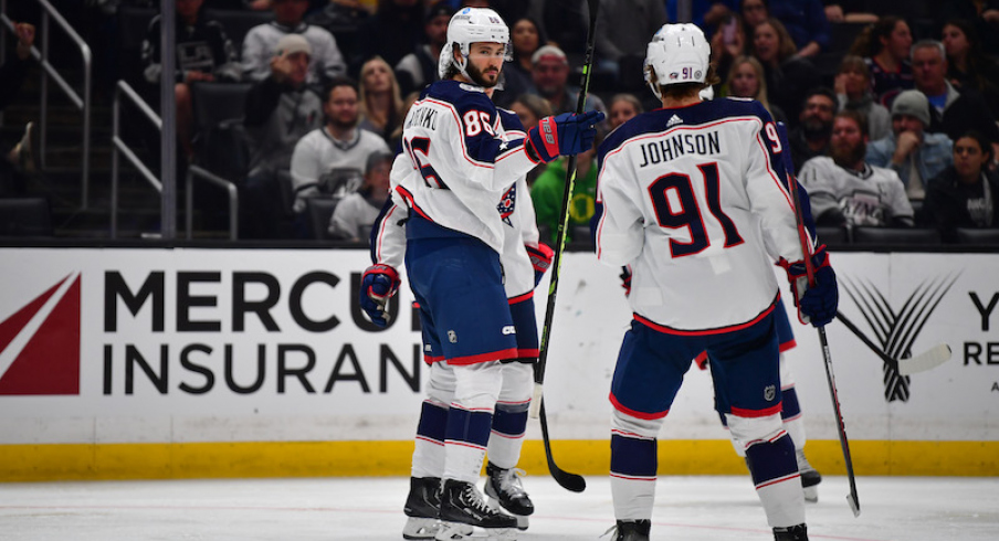 Columbus Blue Jackets' Kirill Marchenko celebrates his goal scored against the Los Angeles Kings with Kent Johnson during the third period at Crypto.com Arena.