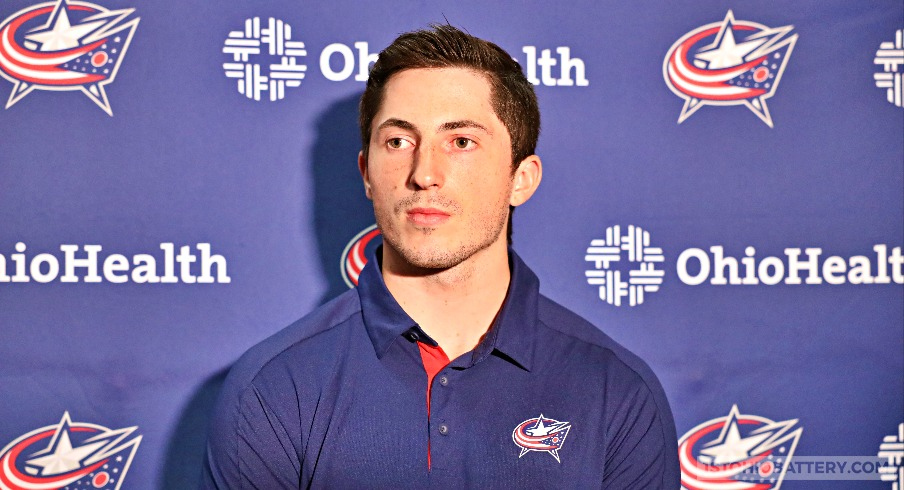 Zach Werenski addresses the media at the Columbus Blue Jackets' annual media luncheon.