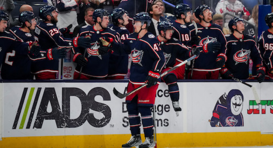 Columbus Blue Jackets defenseman Marcus Bjork (47) celebrates with teammates after scoring a goal against the Washington Capitals in the third period at Nationwide Arena.