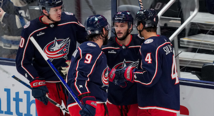 Columbus Blue Jackets forward Justin Danforth, back, celebrates with teammates after scoring a goal against the St. Louis Blues in the first period at Nationwide Arena.