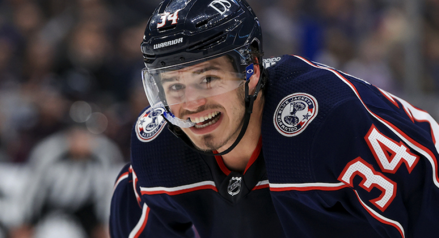 Columbus Blue Jackets' Cole Sillinger waits for the face-off against the Tampa Bay Lightning in the second period at Nationwide Arena.