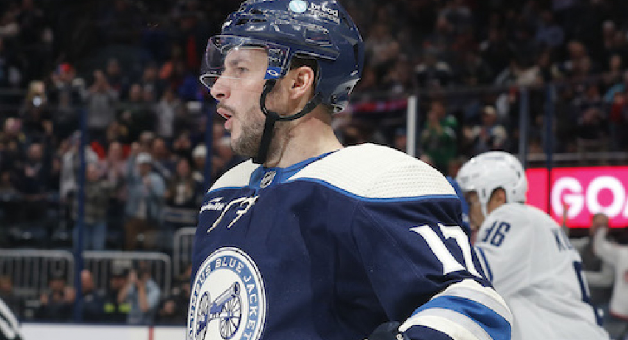 Columbus Blue Jackets right wing Justin Danforth (17) celebrates a goal against the Vancouver Canucks during the second period at Nationwide Arena.