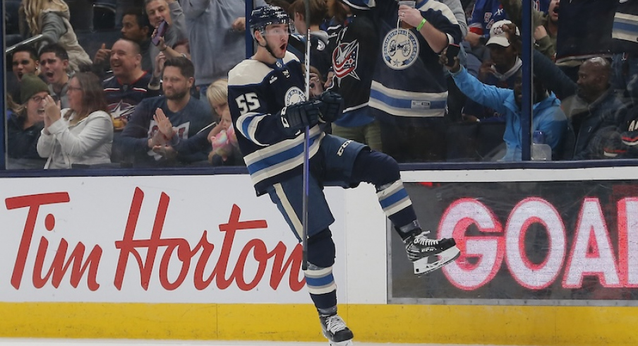 Columbus Blue Jackets' David Jiricek celebrates his goal against the New York Rangers during the second period at Nationwide Arena.