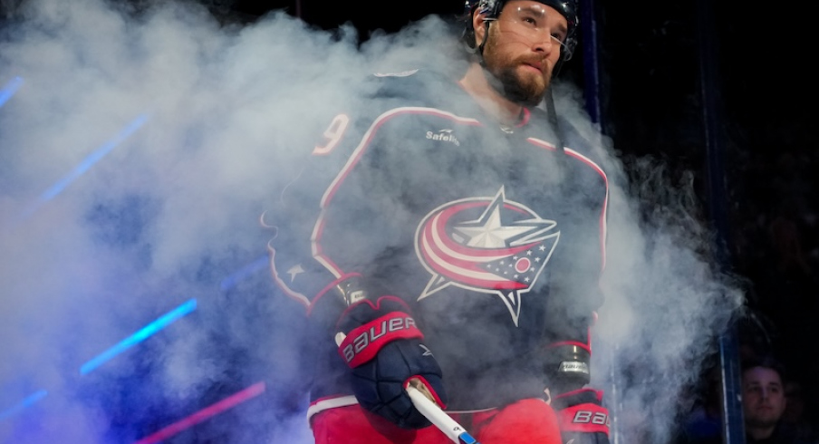 Columbus Blue Jackets' Ivan Provorov takes the ice during player introductions before a game against the Philadelphia Flyers at Nationwide Arena.