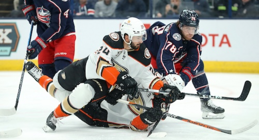 Anaheim Ducks center Benoit-Olivier Groulx (24) collides with Columbus Blue Jackets defenseman Damon Severson (78) during the first period at Nationwide Arena.