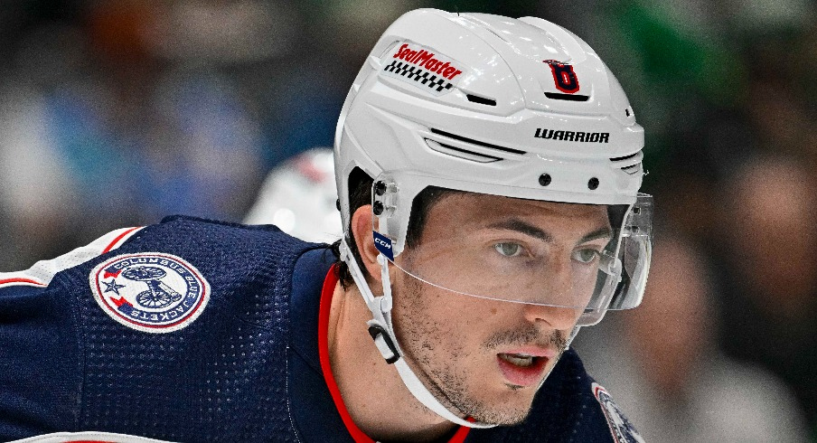 Columbus Blue Jackets defenseman Zach Werenski (8) waits for the face-off against the Dallas Stars during the second period at the American Airlines Center.