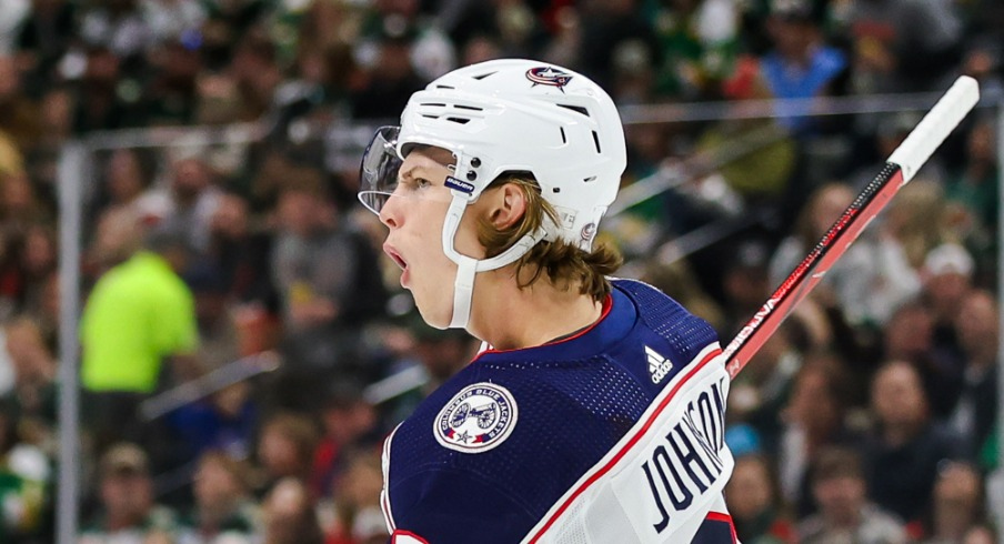 Columbus Blue Jackets center Kent Johnson (91) celebrates his goal against the Minnesota Wild during the second period at Xcel Energy Center. 