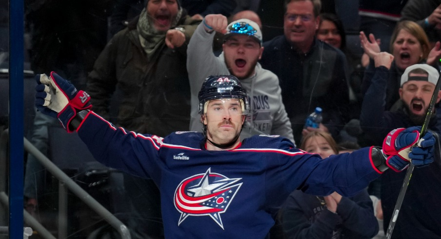 Columbus Blue Jackets defenseman Erik Gudbranson (44) celebrates scoring a goal against the Tampa Bay Lightning in the third period at Nationwide Arena.