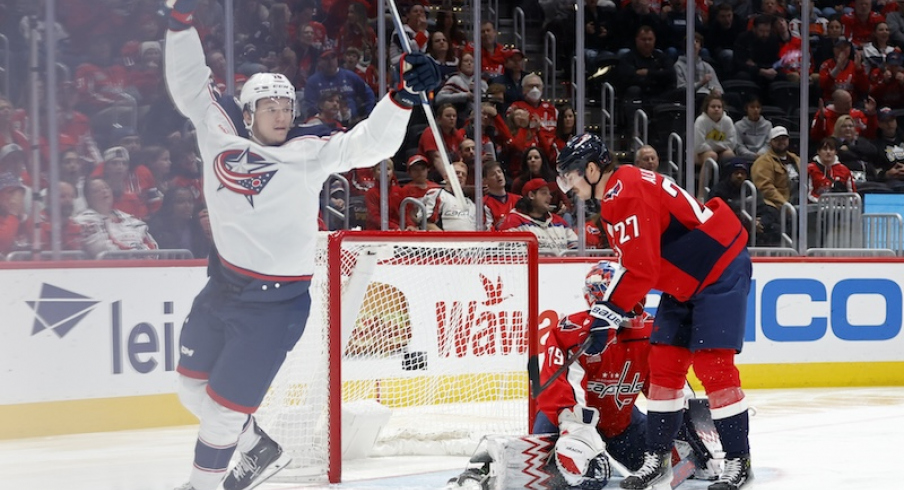 Columbus Blue Jackets' Dmitri Voronkov celebrates after scoring a goal on Washington Capitals goaltender Charlie Lindgren (79) in the second period at Capital One Arena.