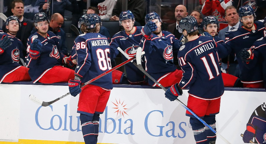 Columbus Blue Jackets right wing Kirill Marchenko (86) celebrates his goal against the Dallas Stars during the first period at Nationwide Arena.