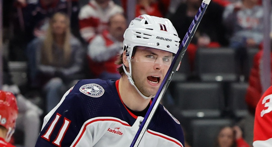 Columbus Blue Jackets center Adam Fantilli (11) celebrates after scoring against the Detroit Red Wings in the first period at Little Caesars Arena.