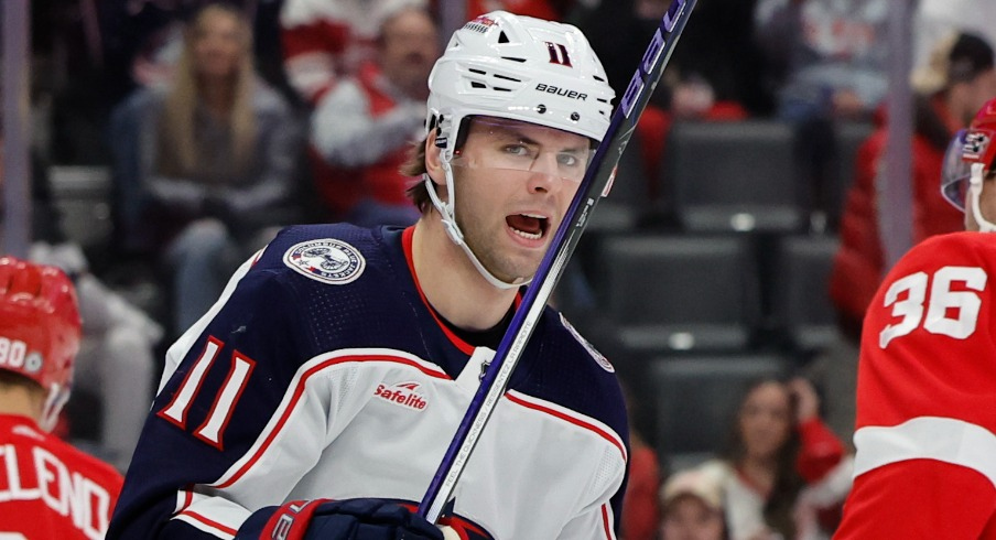 Columbus Blue Jackets center Adam Fantilli (11) celebrates after scoring against the Detroit Red Wings in the first period at Little Caesars Arena.